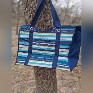 Thirty-One Striped Tote Bag - Blue and Green